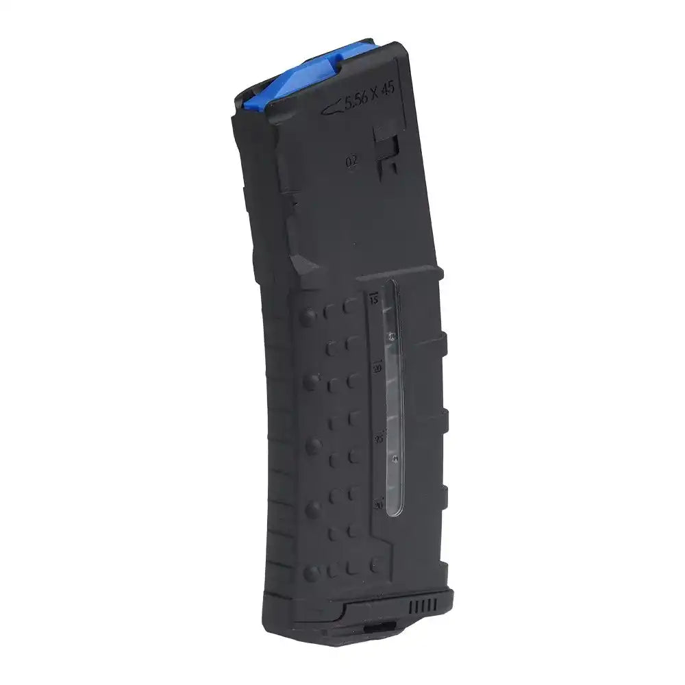 Czarny magazynek 5.56x45 z niebieskim wypustem i okienkiem poziomu nabojów