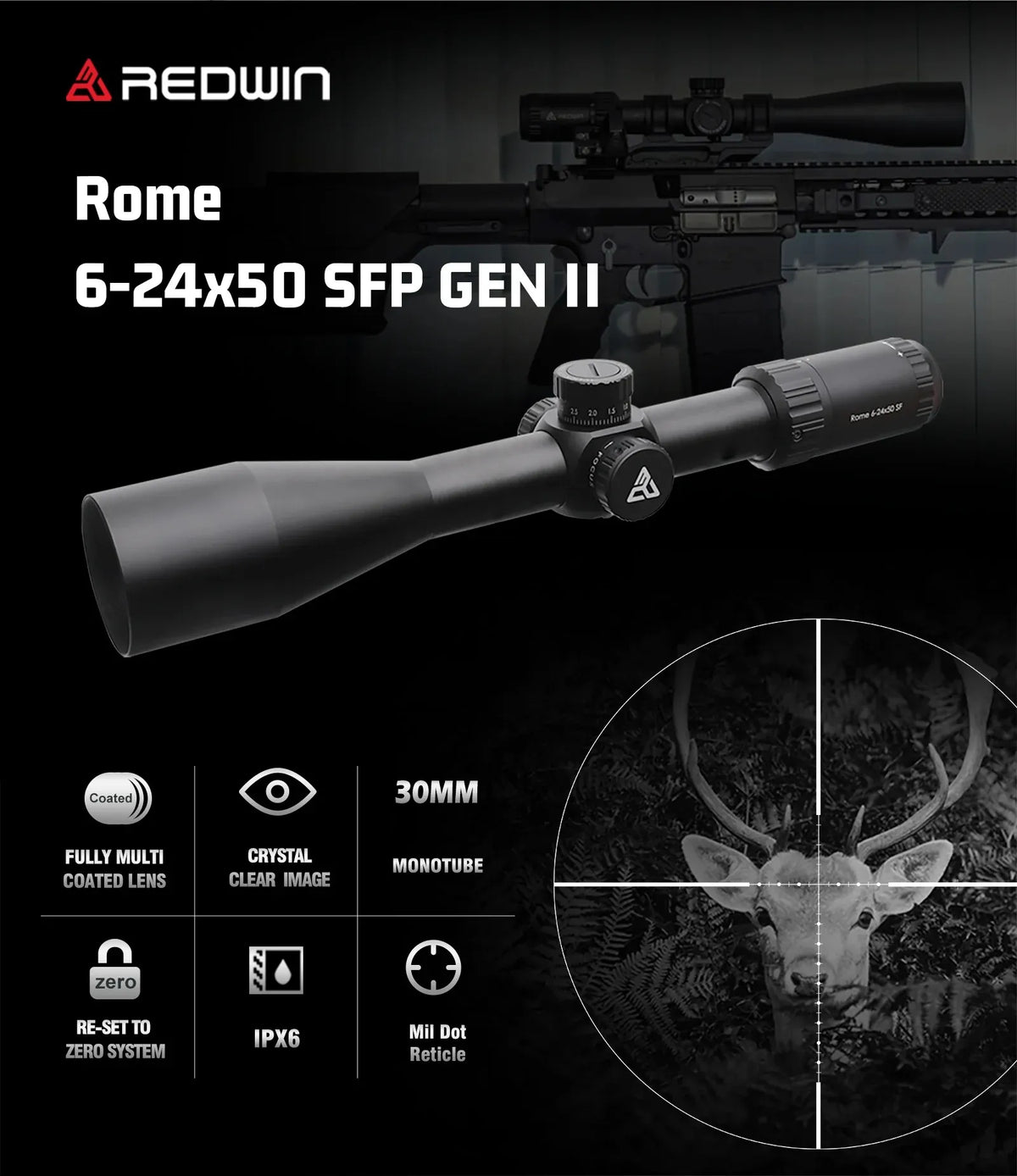 Dane techniczne oraz specyfikacja lunety Redwin Rome 6-24x50 SF GEN2 (RW3)