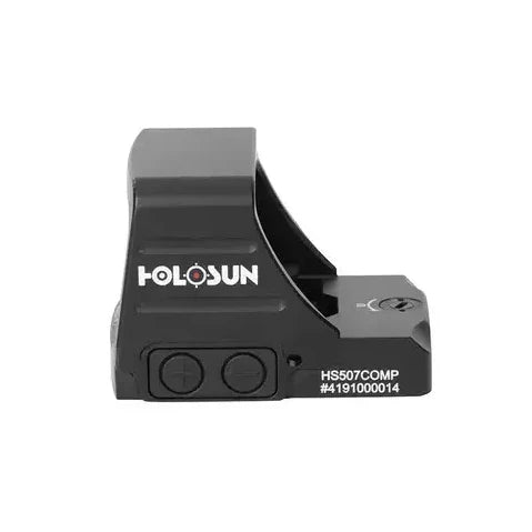 Czerwony celownik kolimatorowy Holosun model 507Comp-RD widok z boku od strony przycisków