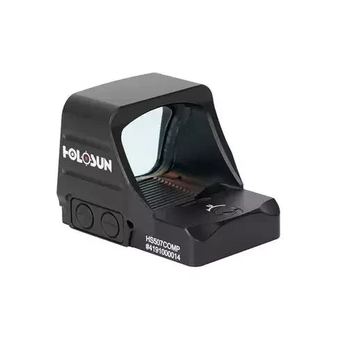 Czerwony celownik kolimatorowy Holosun model 507Comp-RD widok z kąta na przyciski