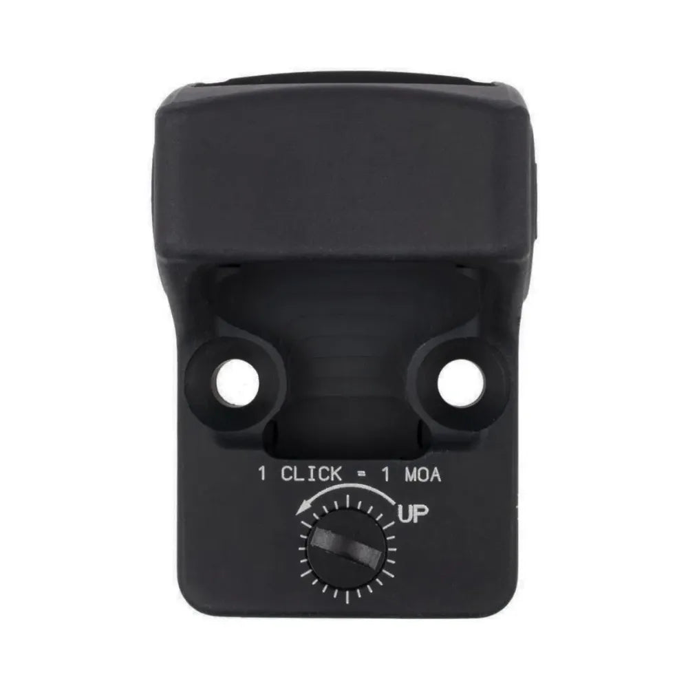 Trijicon RMR Type 2 – przyciski regulacji jasności +/– po bokach obudowy, widok szczegółowy