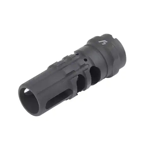 Czarny tłumik broni strzeleckiej z otworami, element do tuningu AR-15 lub AK, sprzęt taktyczny