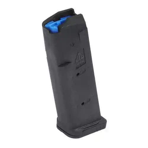 Czarna magazynek do broni z niebieskim elementem, idealny dla Glock i AR-15