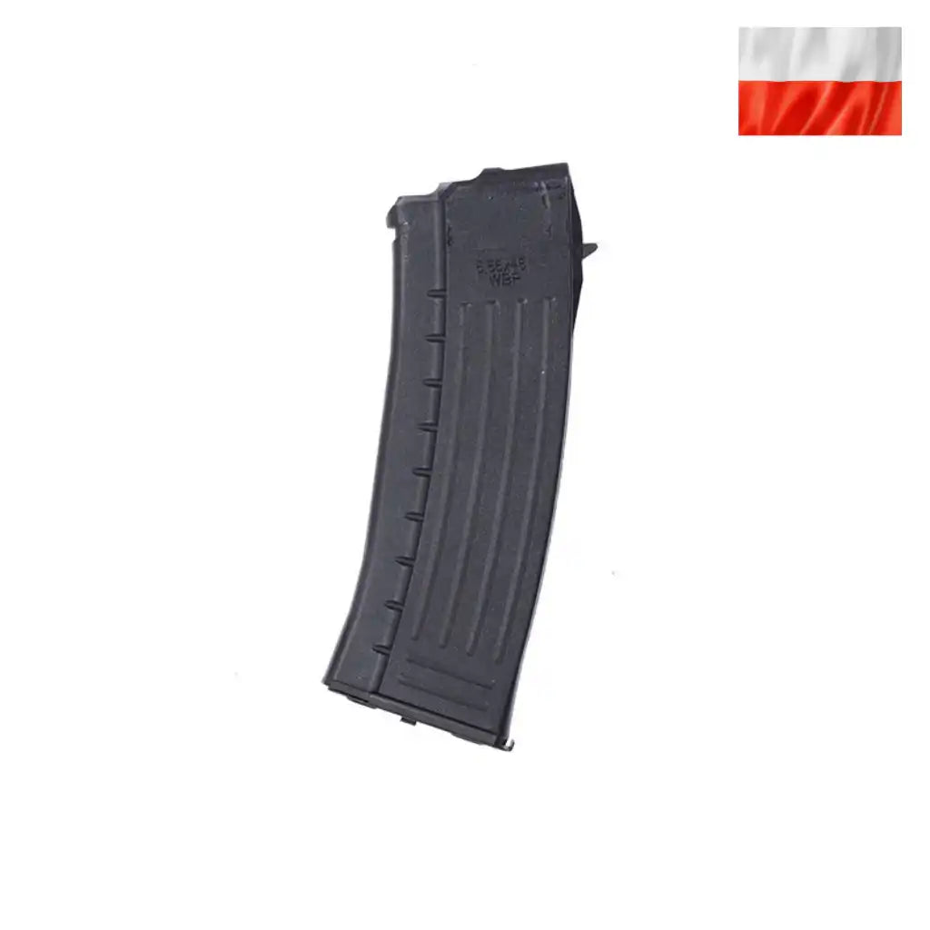 Czarny magazynek do broni, polski producent, idealny do AK, z widoczną oznaką kalibru 5.56x45