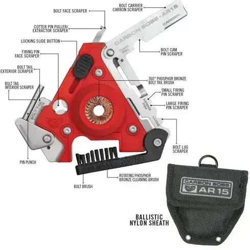 Kompaktowy multitool rusznikarski Real Avid Carbon Boss AR-15 ze skrobakami do nagaru węglowego w ujęciu od przodu.