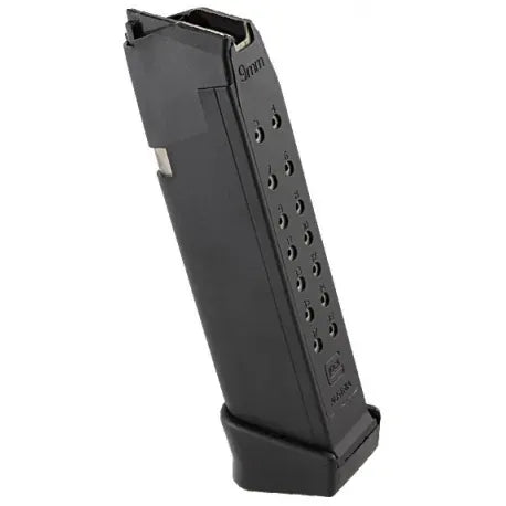 Oryginalny czarny magazynek Glock 17 o pojemności 19 nabojów z fabryczną stopką plus dwa i stalowym rdzeniem