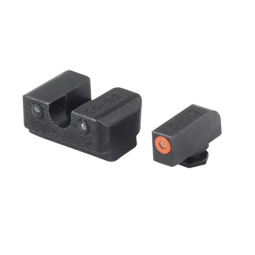 Stalowe trytowe przyrządy celownicze Truglo do pistoletu Glock składające się z zielonej szczerbinki oraz muszki z kontrastową pomarańczową otoczką Focus Lock
