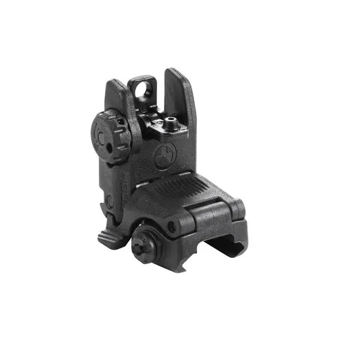Czarny polimerowy przeziernik składany Magpul MBUS Rear Sight z podwójną aperturą i pokrętłem regulacji poziomej montowany na szynę Picatinny karabinka AR-15