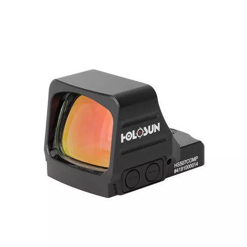 Czerwony celownik kolimatorowy Holosun model 507Comp-RD przeznaczony do strzelectwa wyczynowego z dużym oknem oraz montażem w standardzie RMR