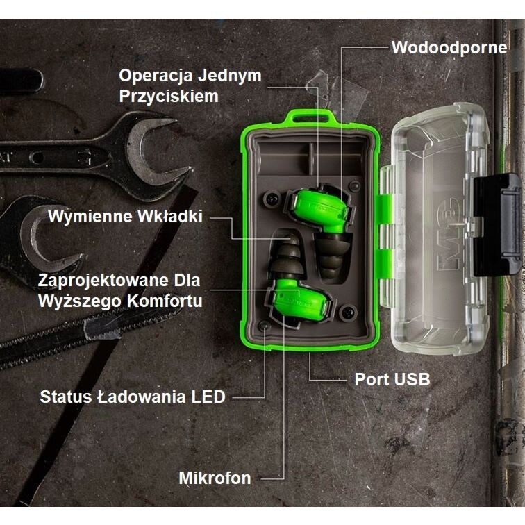 Stacja dokująca zatyczek Earmor i Peltor EEP-100 podłączona kablem USB diody LED stanu baterii