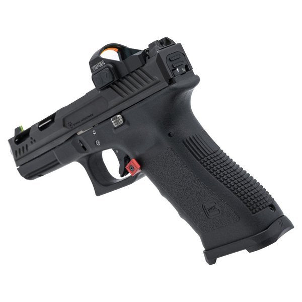 Powiększony przycisk magazynka Strike Industries na szkielecie Glock Gen 5.